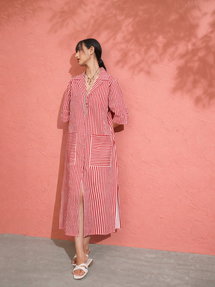 Women Red &amp; White Stripe Notch Collar Midi Dress