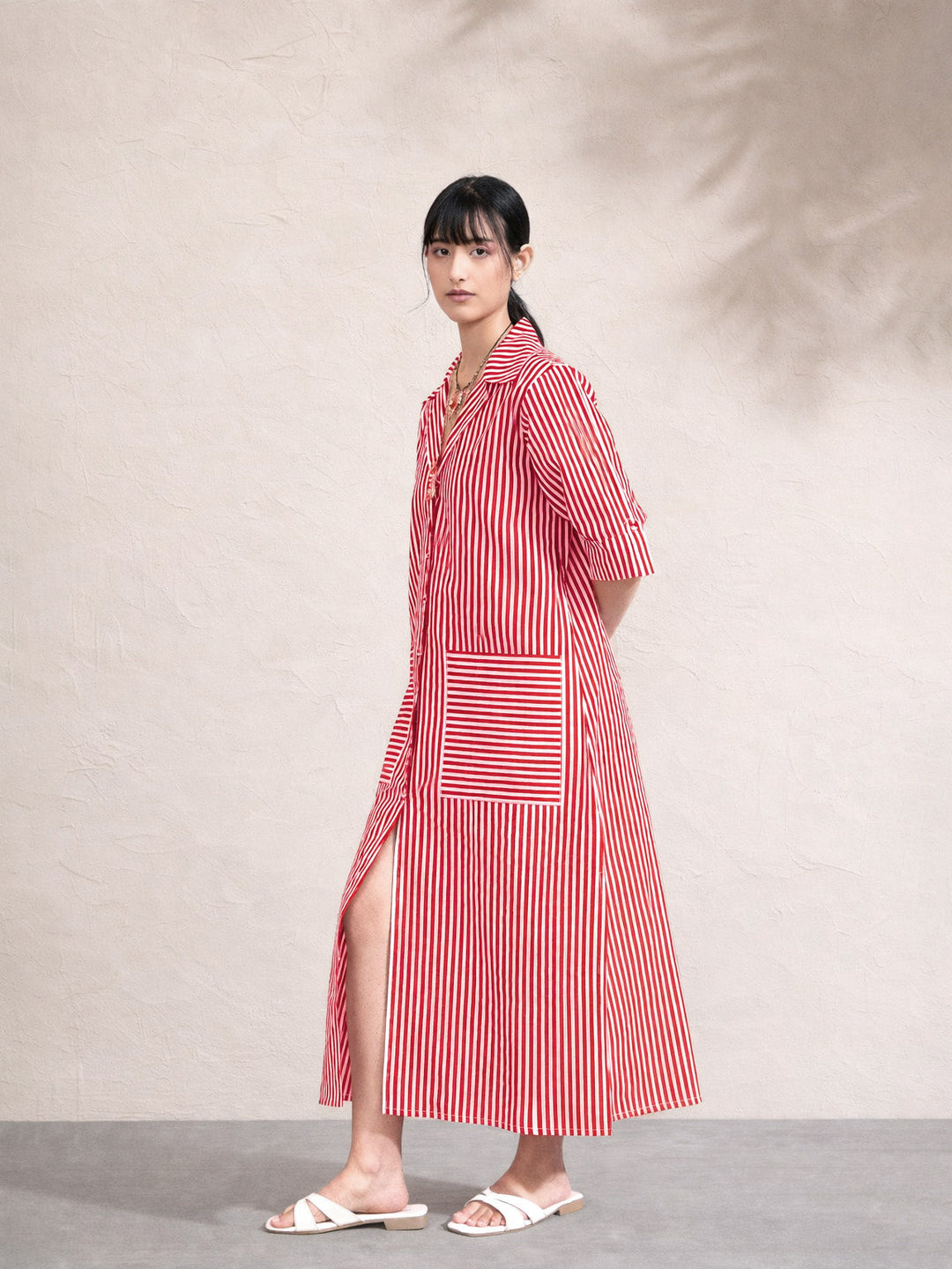 Women Red &amp; White Stripe Notch Collar Midi Dress