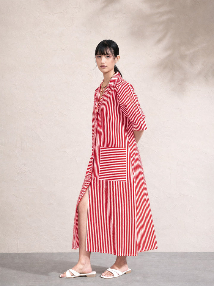 Women Red &amp; White Stripe Notch Collar Midi Dress