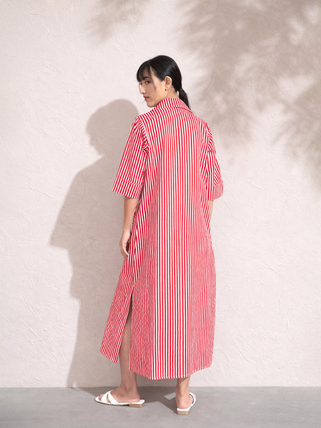 Women Red &amp; White Stripe Notch Collar Midi Dress