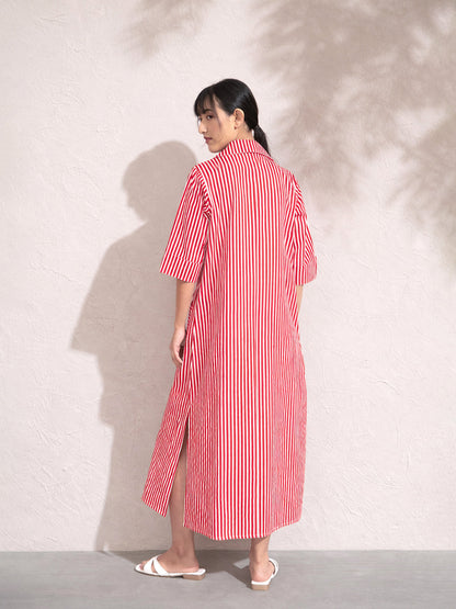 Women Red & White Stripe Notch Collar Midi Dress
