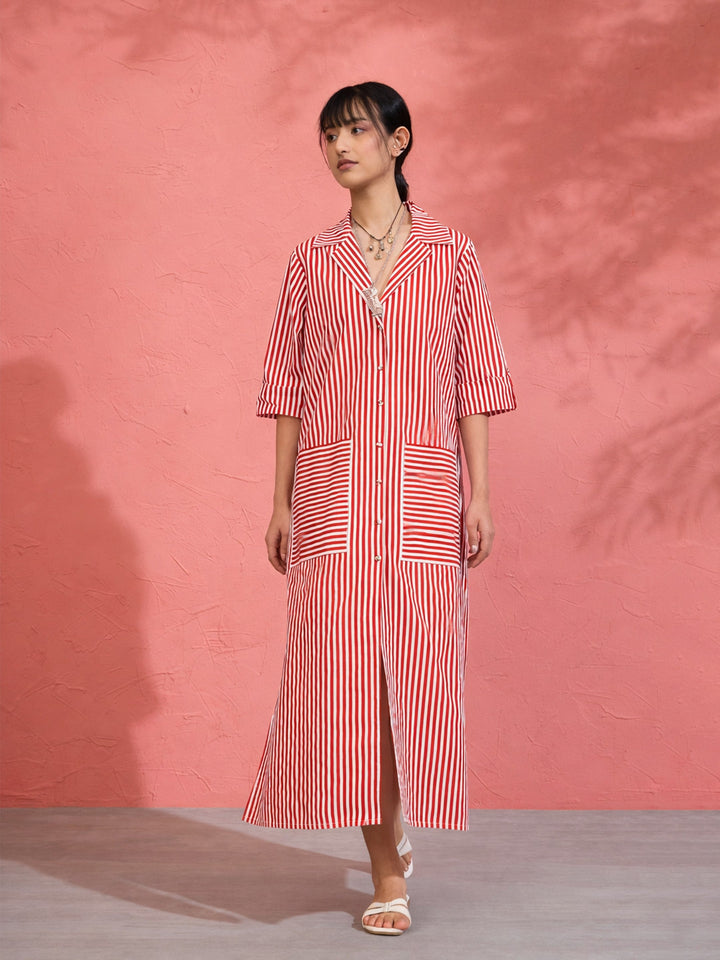 Women Red &amp; White Stripe Notch Collar Midi Dress