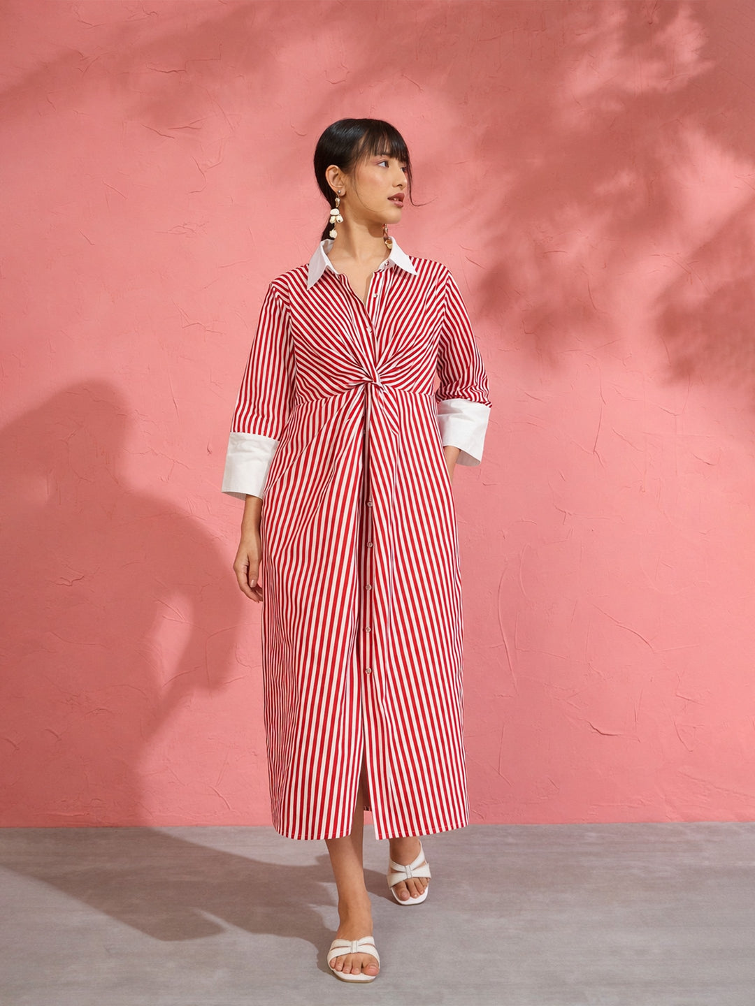 Women Red &amp; White Stripe Contrast Collar Midi Dress