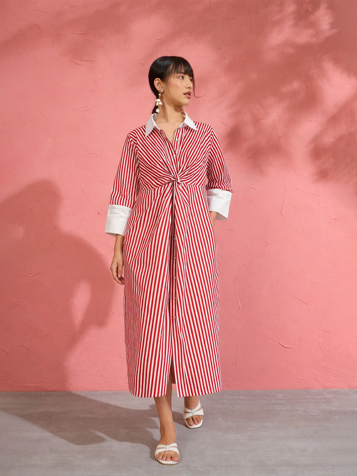 Women Red &amp; White Stripe Contrast Collar Midi Dress