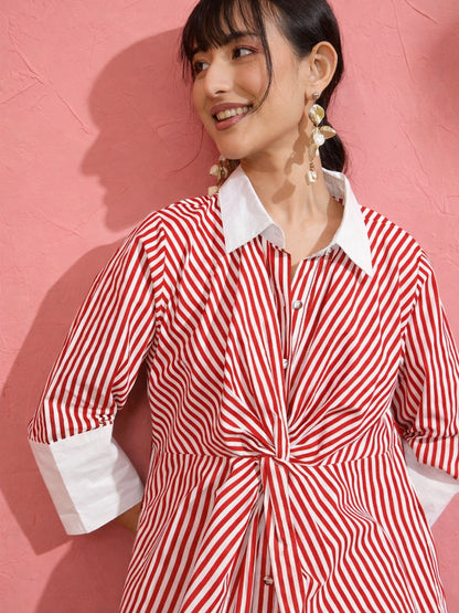 Women Red & White Stripe Contrast Collar Midi Dress