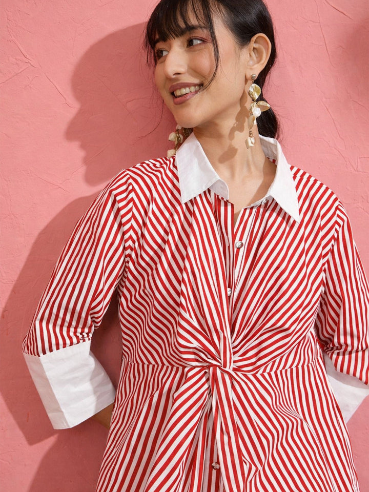 Women Red &amp; White Stripe Contrast Collar Midi Dress