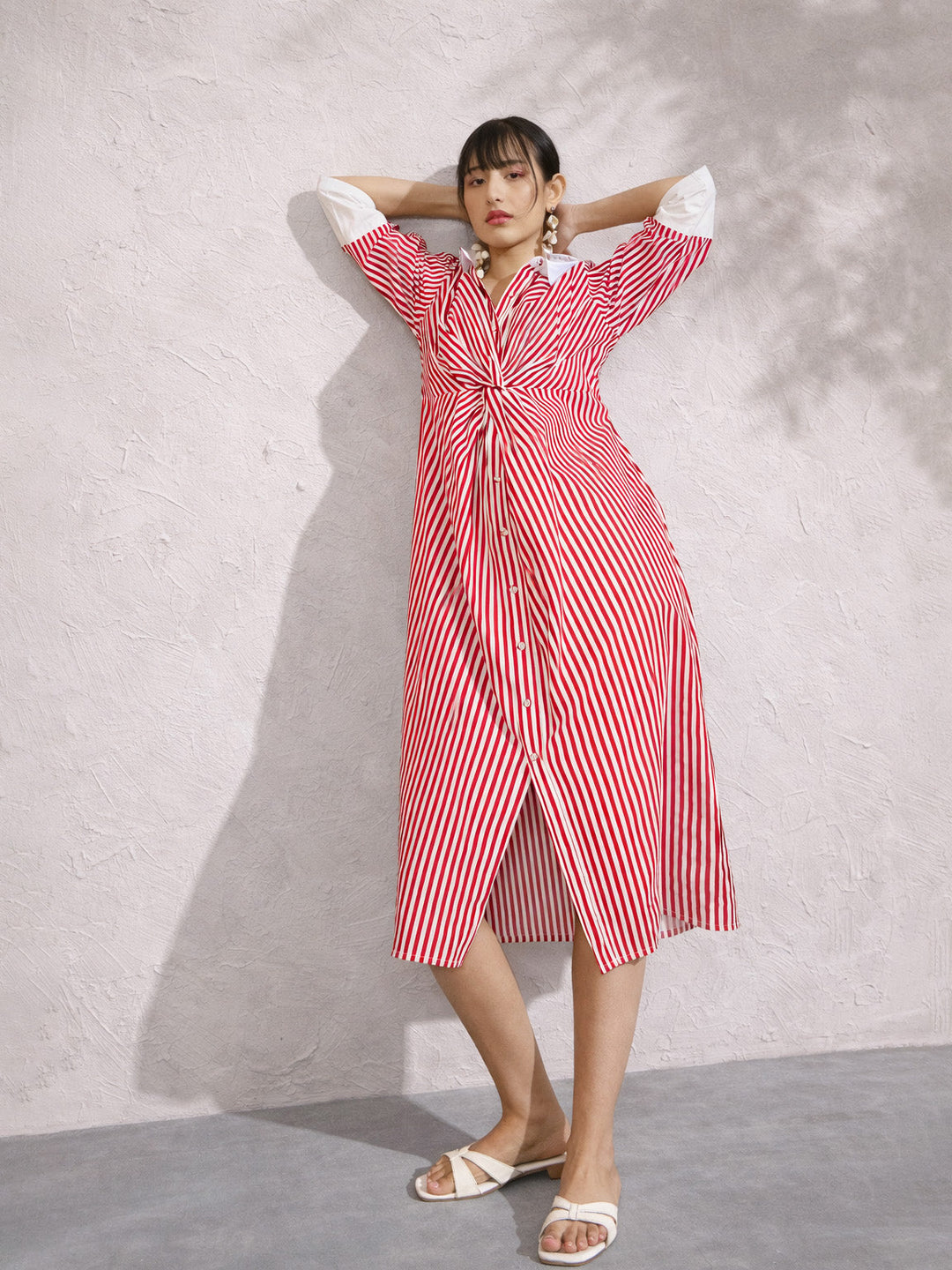 Women Red &amp; White Stripe Contrast Collar Midi Dress