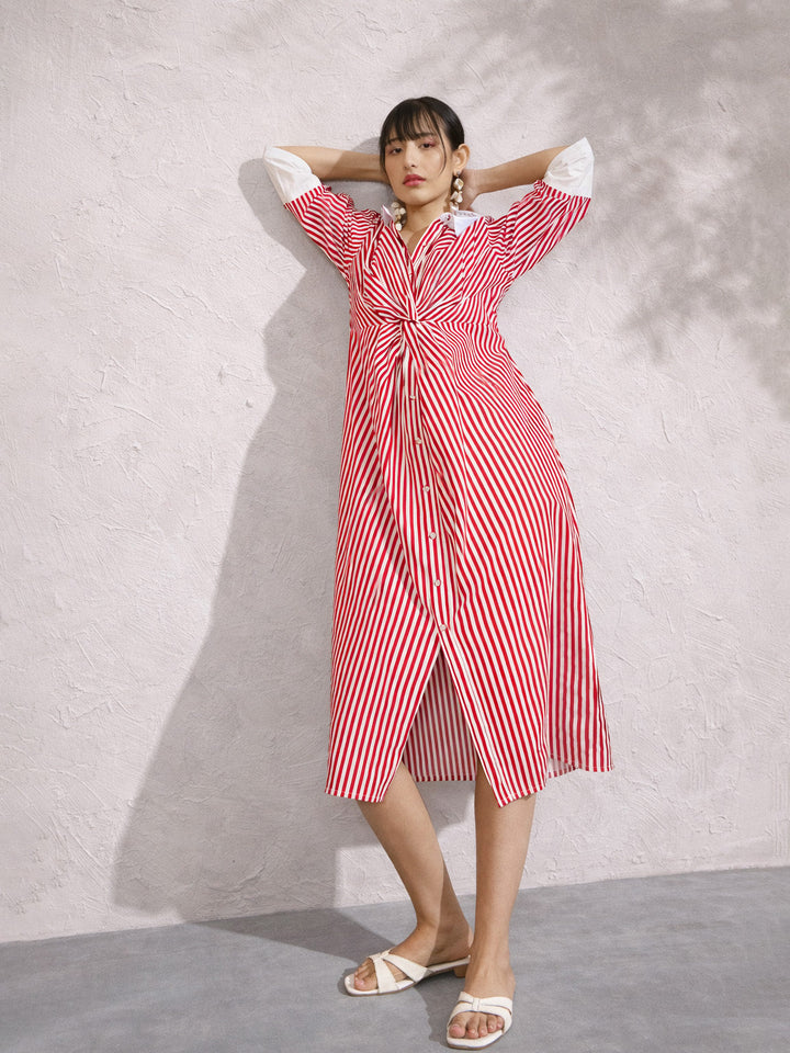 Women Red &amp; White Stripe Contrast Collar Midi Dress