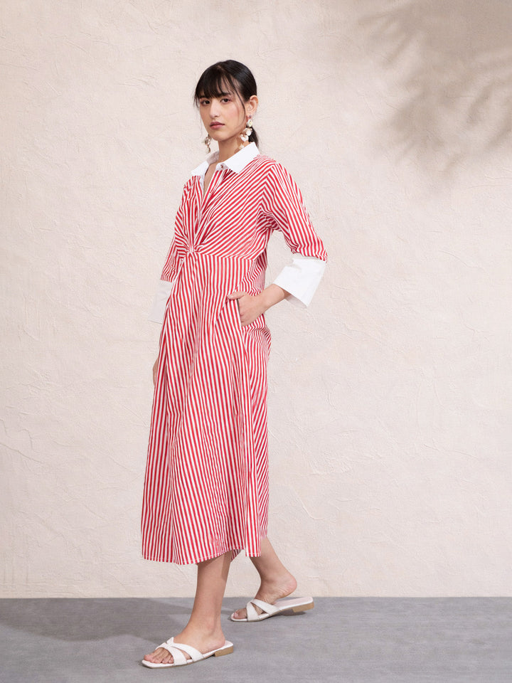 Women Red &amp; White Stripe Contrast Collar Midi Dress