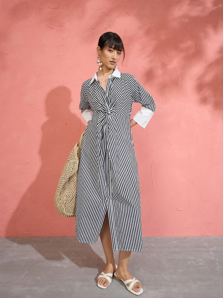 Women Black &amp; White Stripe Contrast Collar Midi Dress