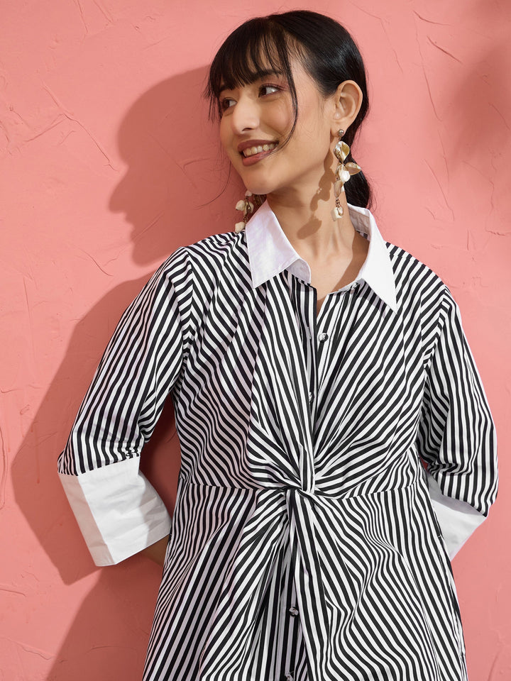 Women Black &amp; White Stripe Contrast Collar Midi Dress