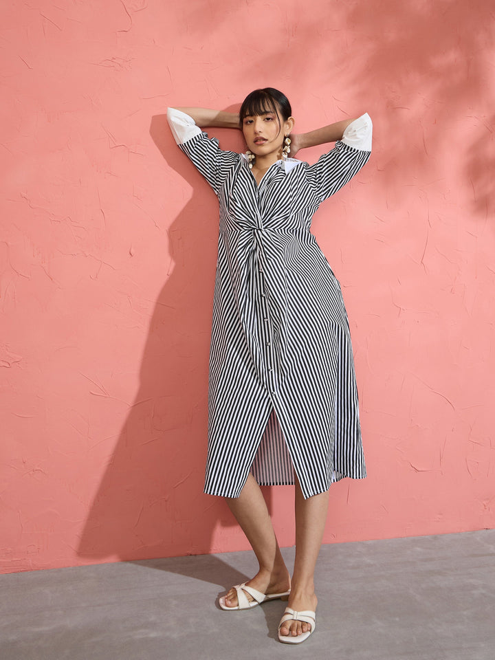 Women Black &amp; White Stripe Contrast Collar Midi Dress