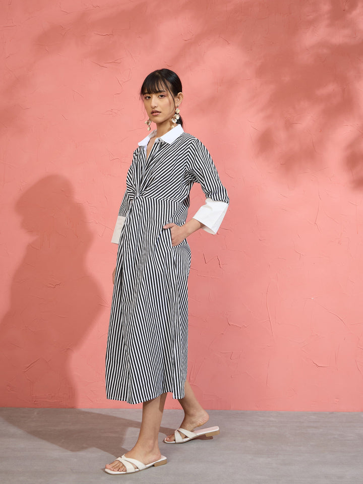 Women Black &amp; White Stripe Contrast Collar Midi Dress