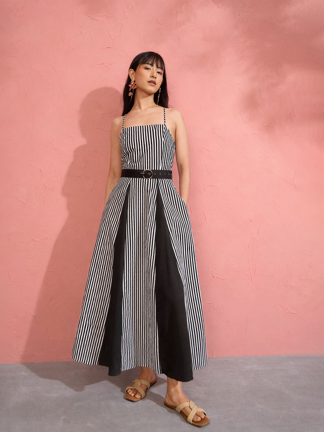 Women Black &amp; White Stripe Strappy Flared Midi Dress