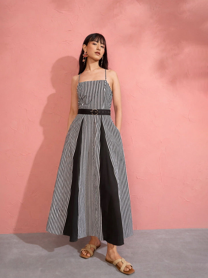 Women Black &amp; White Stripe Strappy Flared Midi Dress