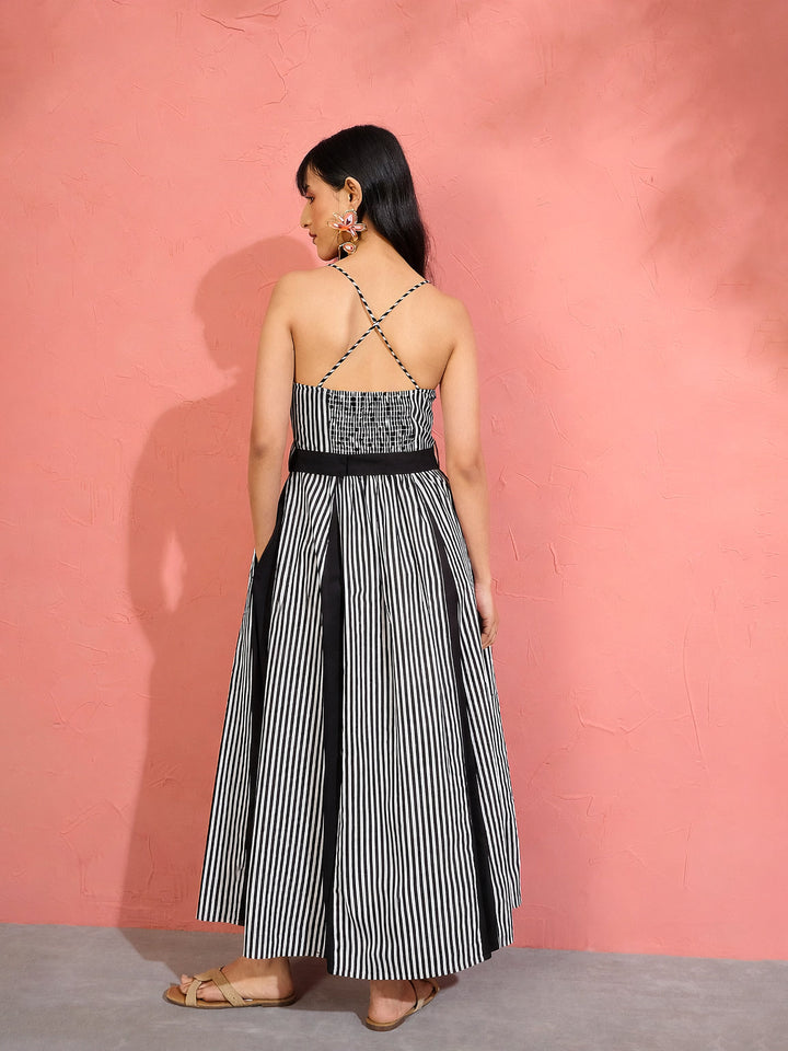 Women Black &amp; White Stripe Strappy Flared Midi Dress