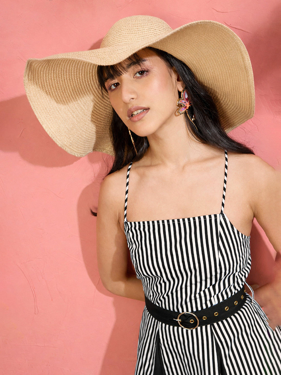 Women Black &amp; White Stripe Strappy Flared Midi Dress