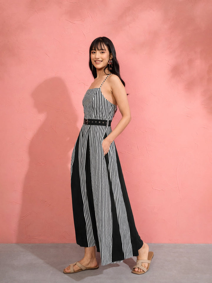 Women Black &amp; White Stripe Strappy Flared Midi Dress