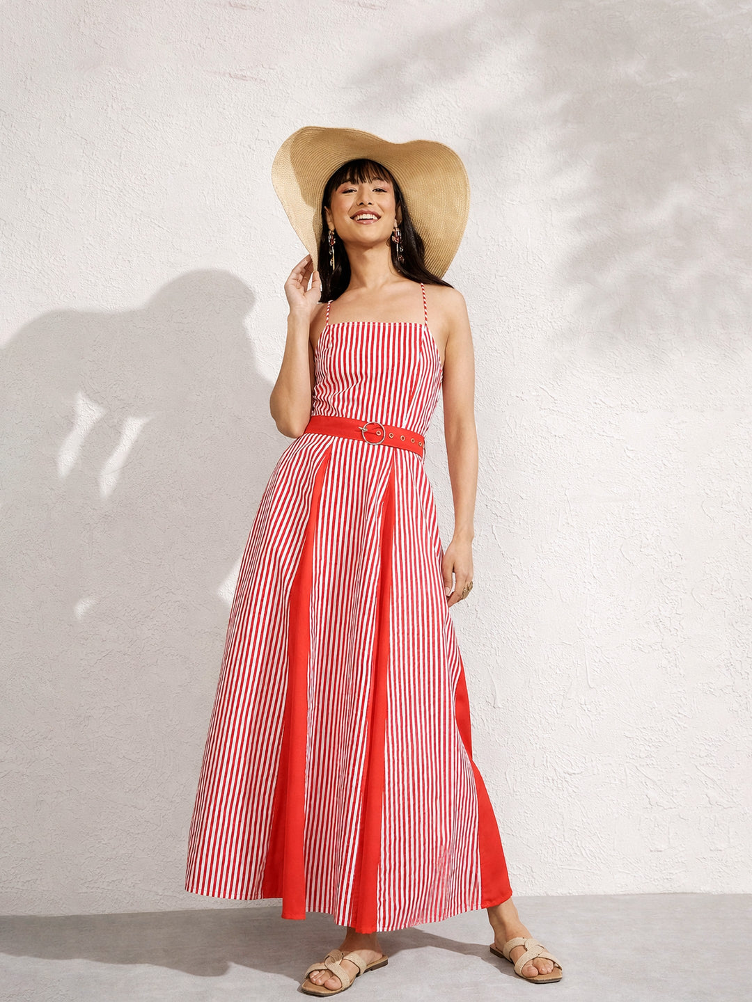 Women Red &amp; White Stripe Strappy Flared Midi Dress