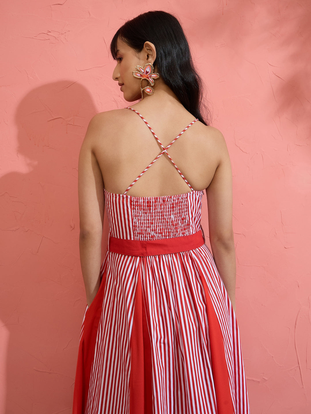 Women Red &amp; White Stripe Strappy Flared Midi Dress