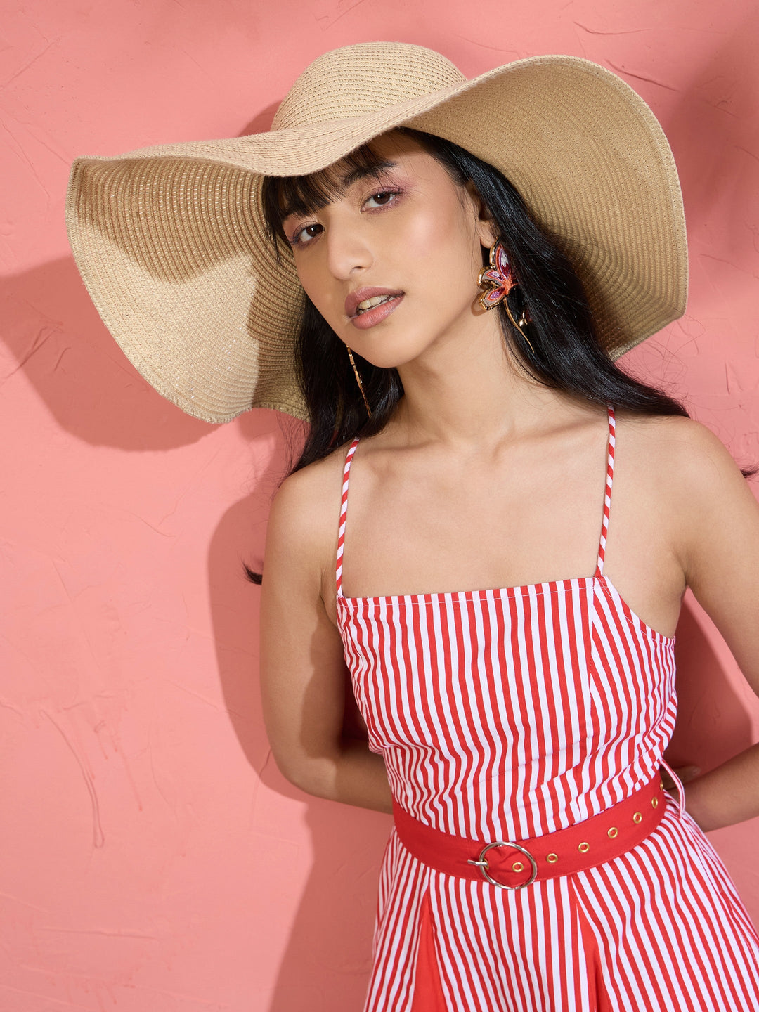 Women Red &amp; White Stripe Strappy Flared Midi Dress