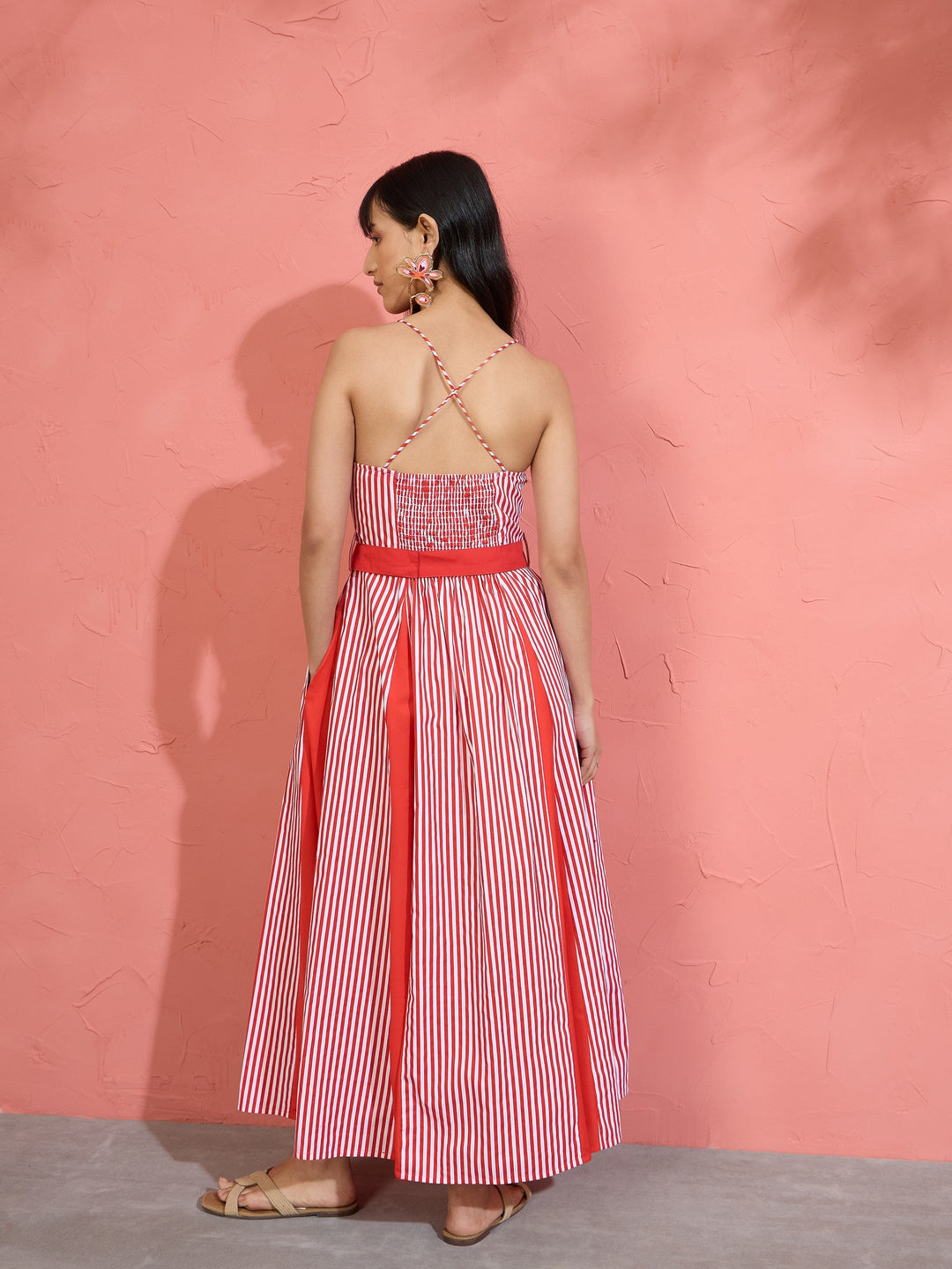 Women Red &amp; White Stripe Strappy Flared Midi Dress