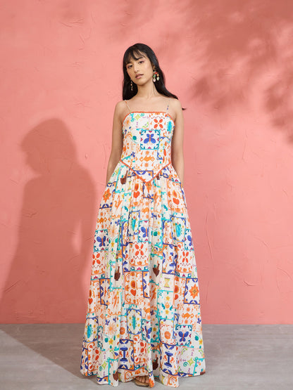 Women Off White Motif Print Strappy Drop-Waist Maxi Dress