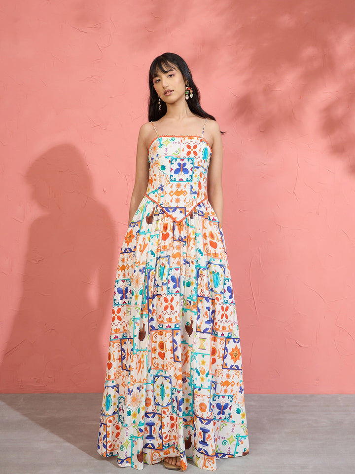 Women Off White Motif Print Strappy Drop-Waist Maxi Dress