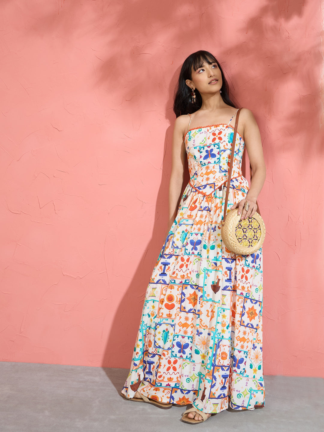 Women Off White Motif Print Strappy Drop-Waist Maxi Dress