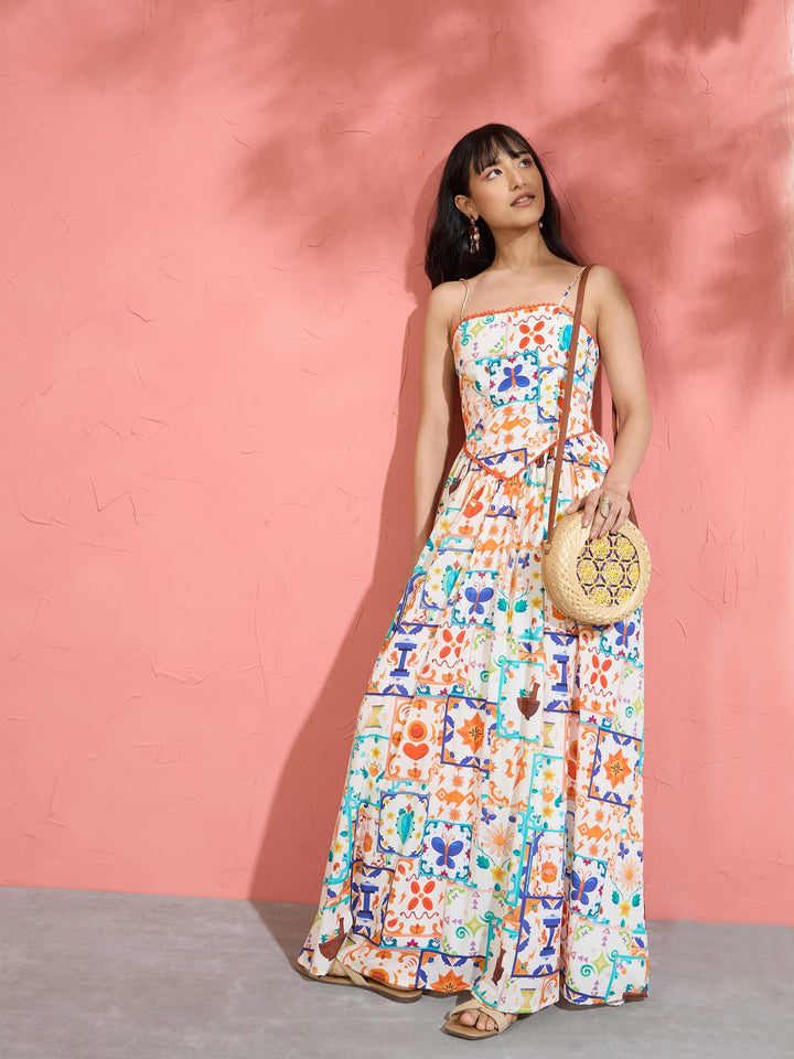 Women Off White Motif Print Strappy Drop-Waist Maxi Dress