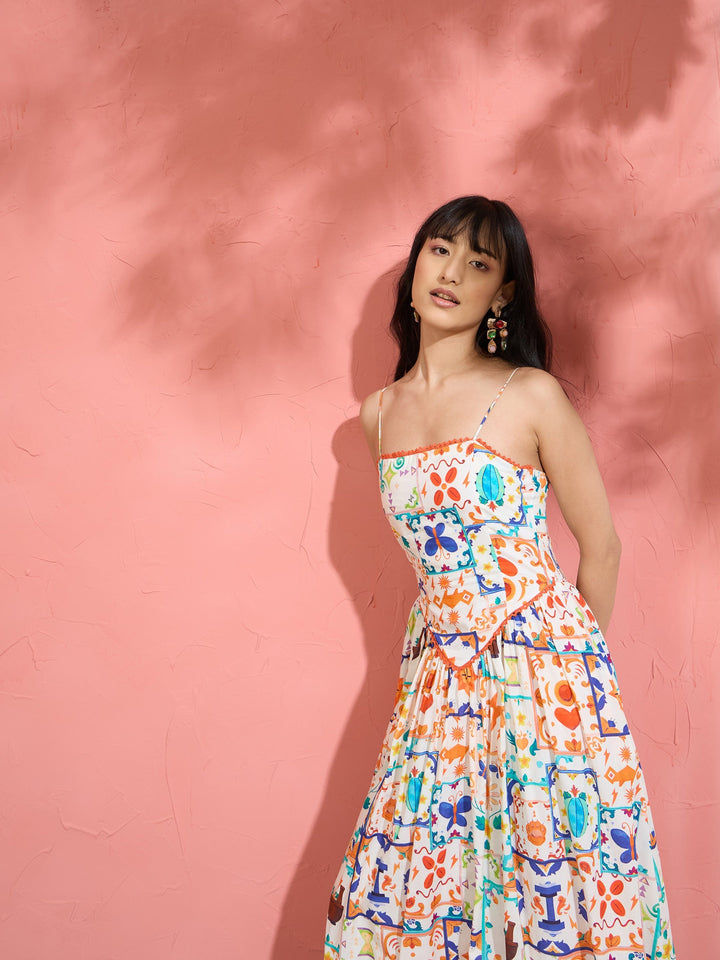 Women Off White Motif Print Strappy Drop-Waist Maxi Dress