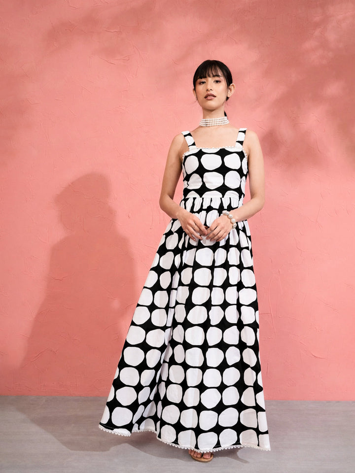 Women Black &amp; White Big Polka Dot Strappy Maxi Dress