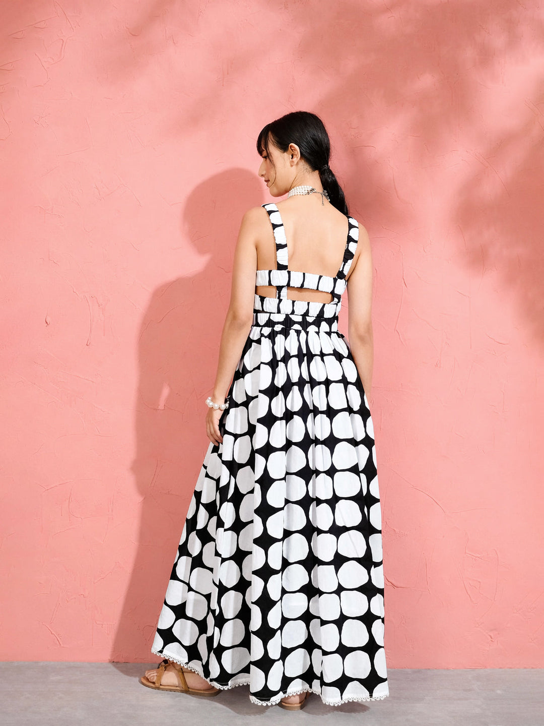 Women Black &amp; White Big Polka Dot Strappy Maxi Dress