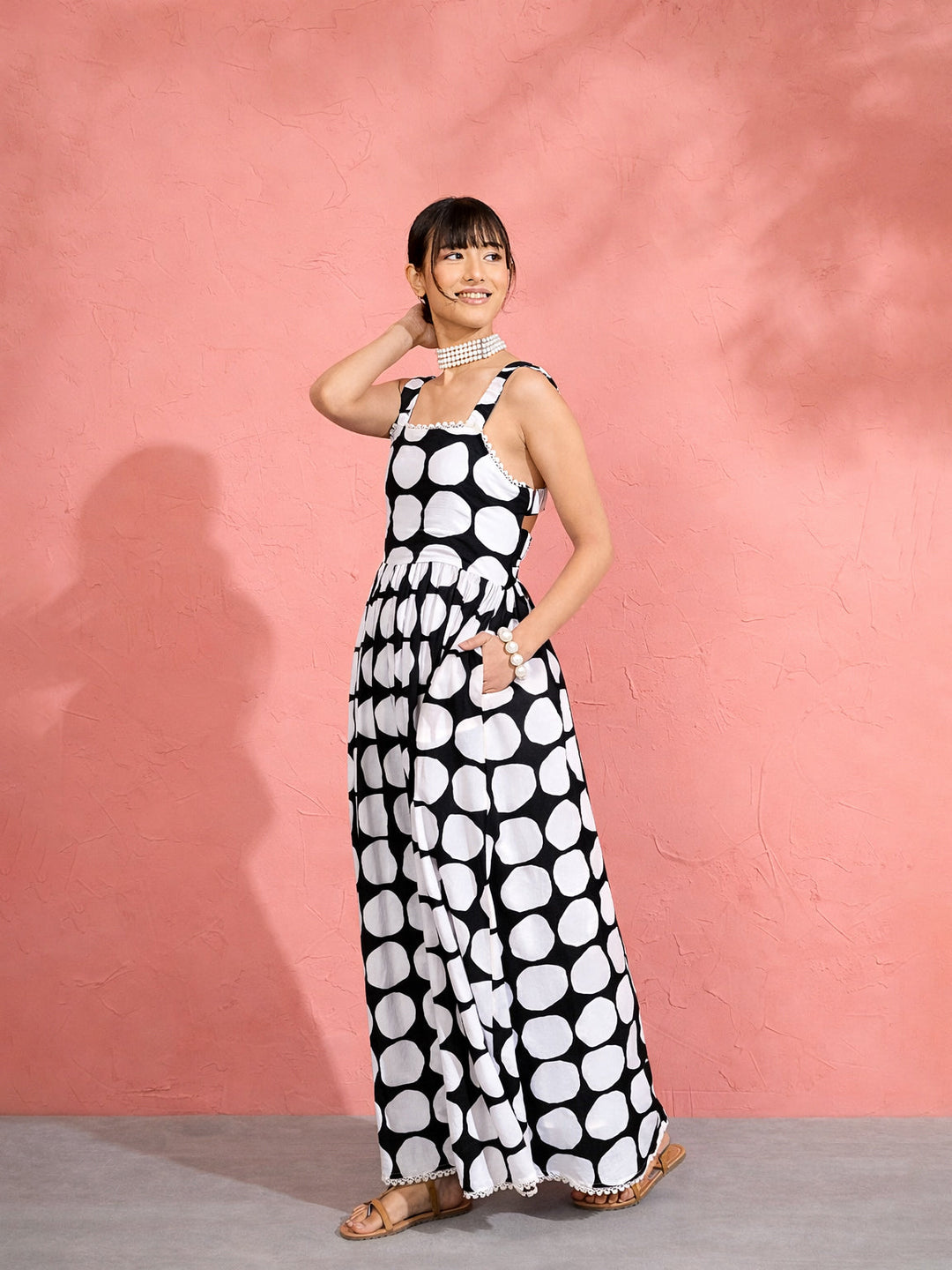 Women Black &amp; White Big Polka Dot Strappy Maxi Dress