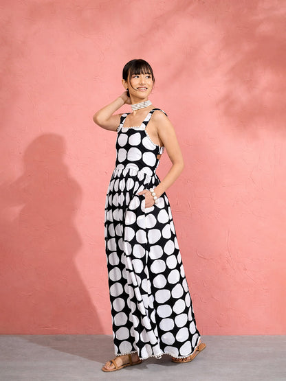 Women Black & White Big Polka Dot Strappy Maxi Dress