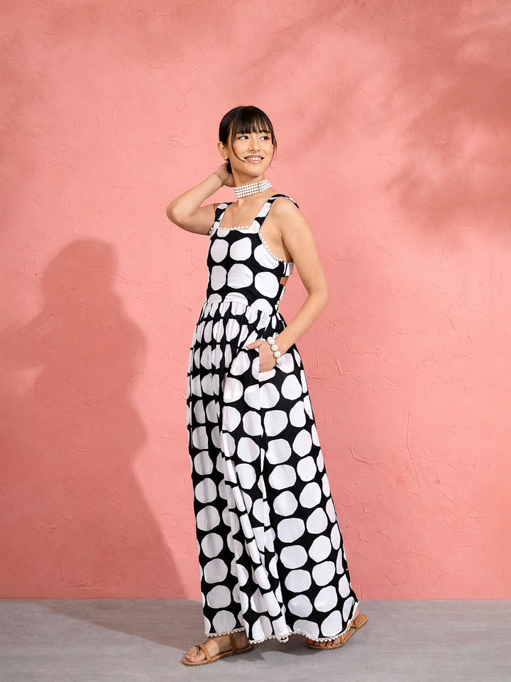 Women Black &amp; White Big Polka Dot Strappy Maxi Dress