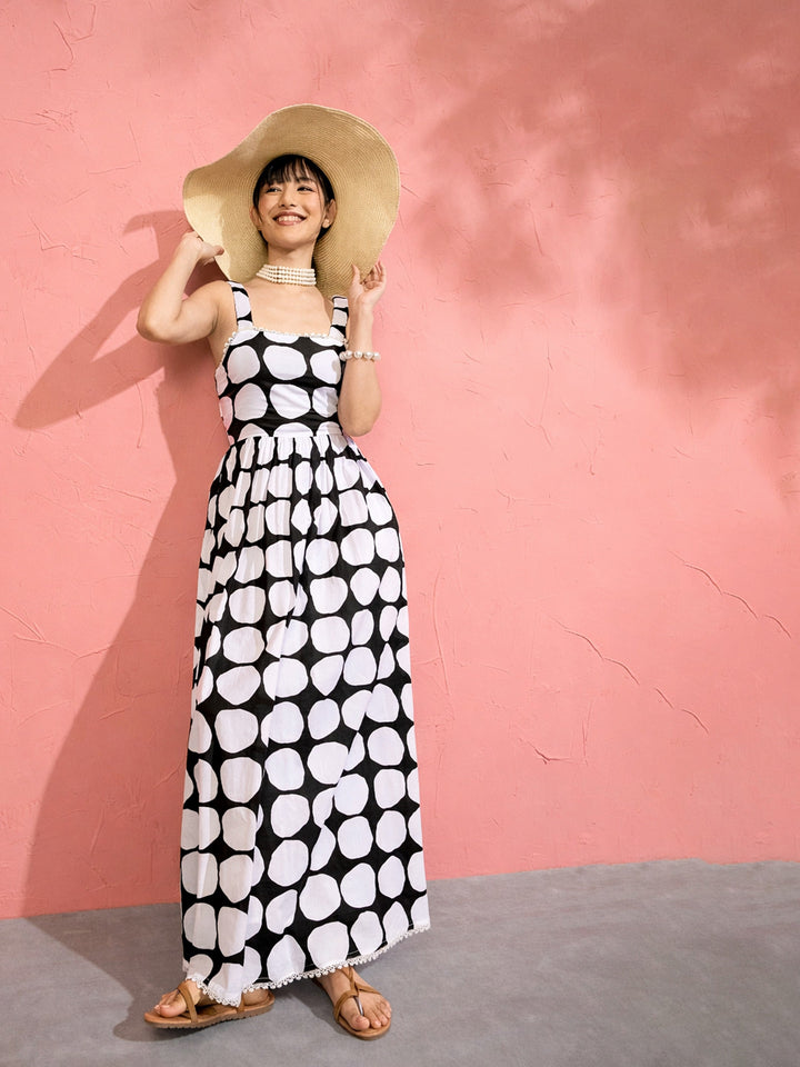 Women Black &amp; White Big Polka Dot Strappy Maxi Dress