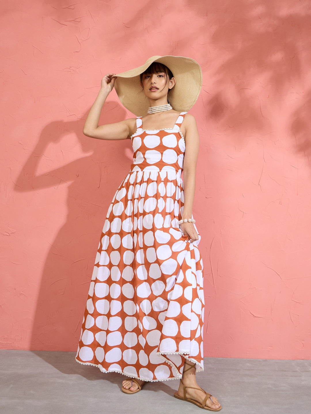 Women Brown &amp; White Big Polka Dot Strappy Maxi Dress