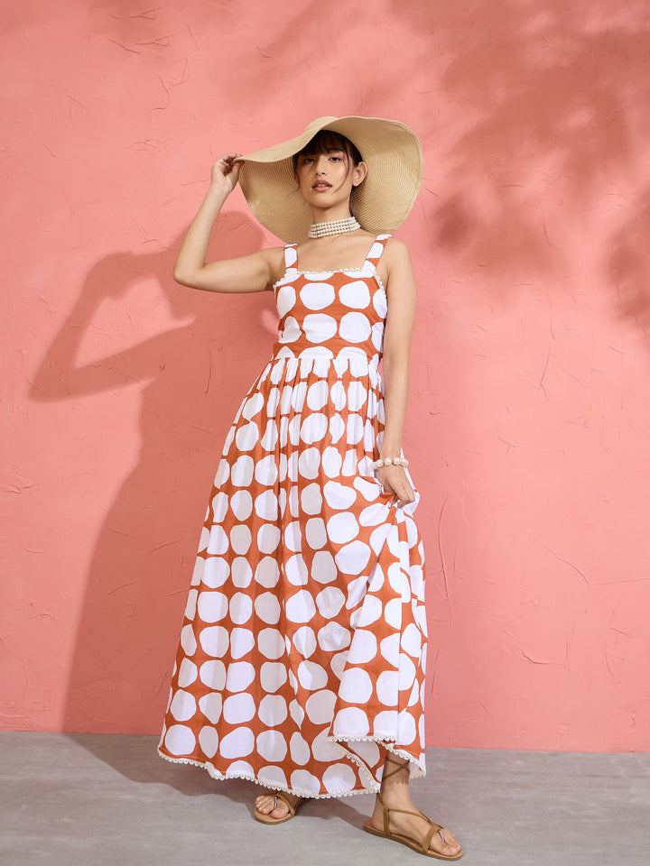 Women Brown &amp; White Big Polka Dot Strappy Maxi Dress