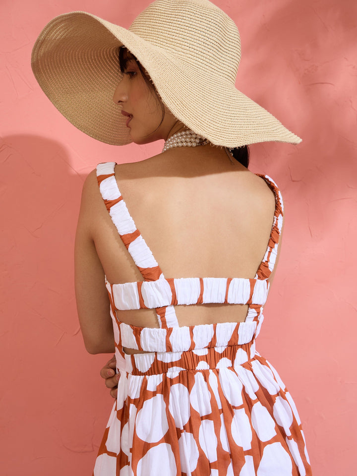 Women Brown &amp; White Big Polka Dot Strappy Maxi Dress