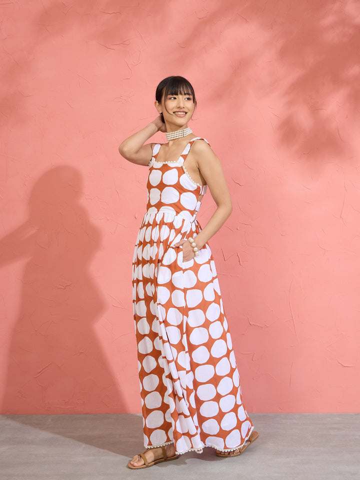 Women Brown &amp; White Big Polka Dot Strappy Maxi Dress