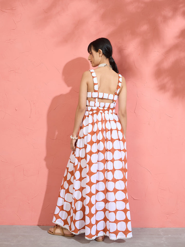 Women Brown &amp; White Big Polka Dot Strappy Maxi Dress