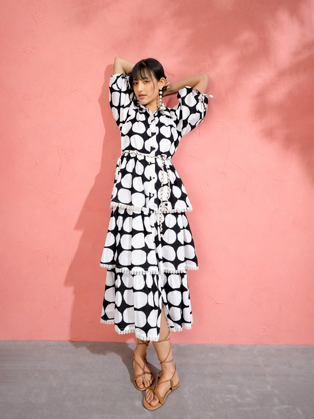 Women Black &amp; White Polka Dot Frill Tiered Button Down Midi Dress