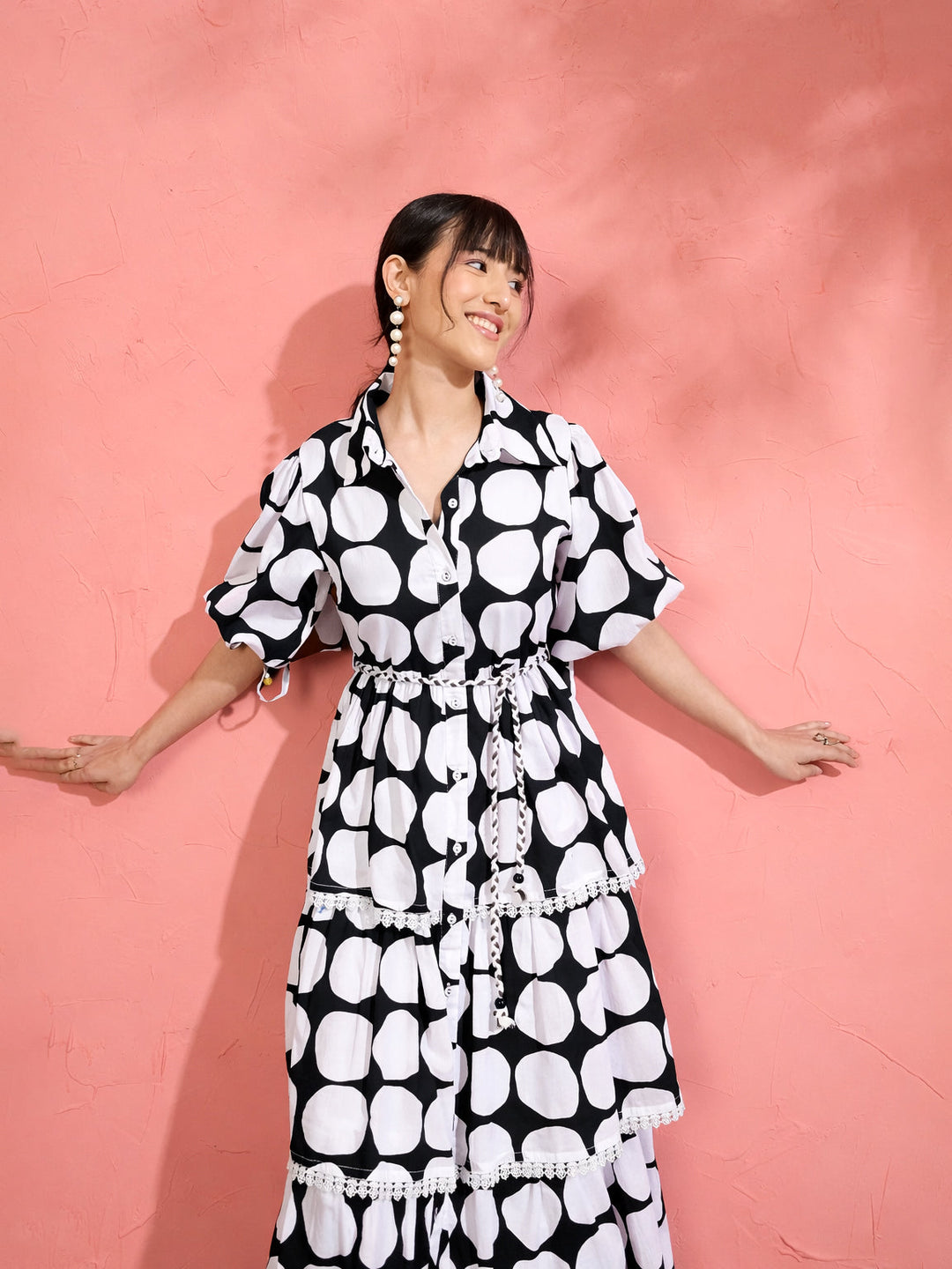 Women Black &amp; White Polka Dot Frill Tiered Button Down Midi Dress