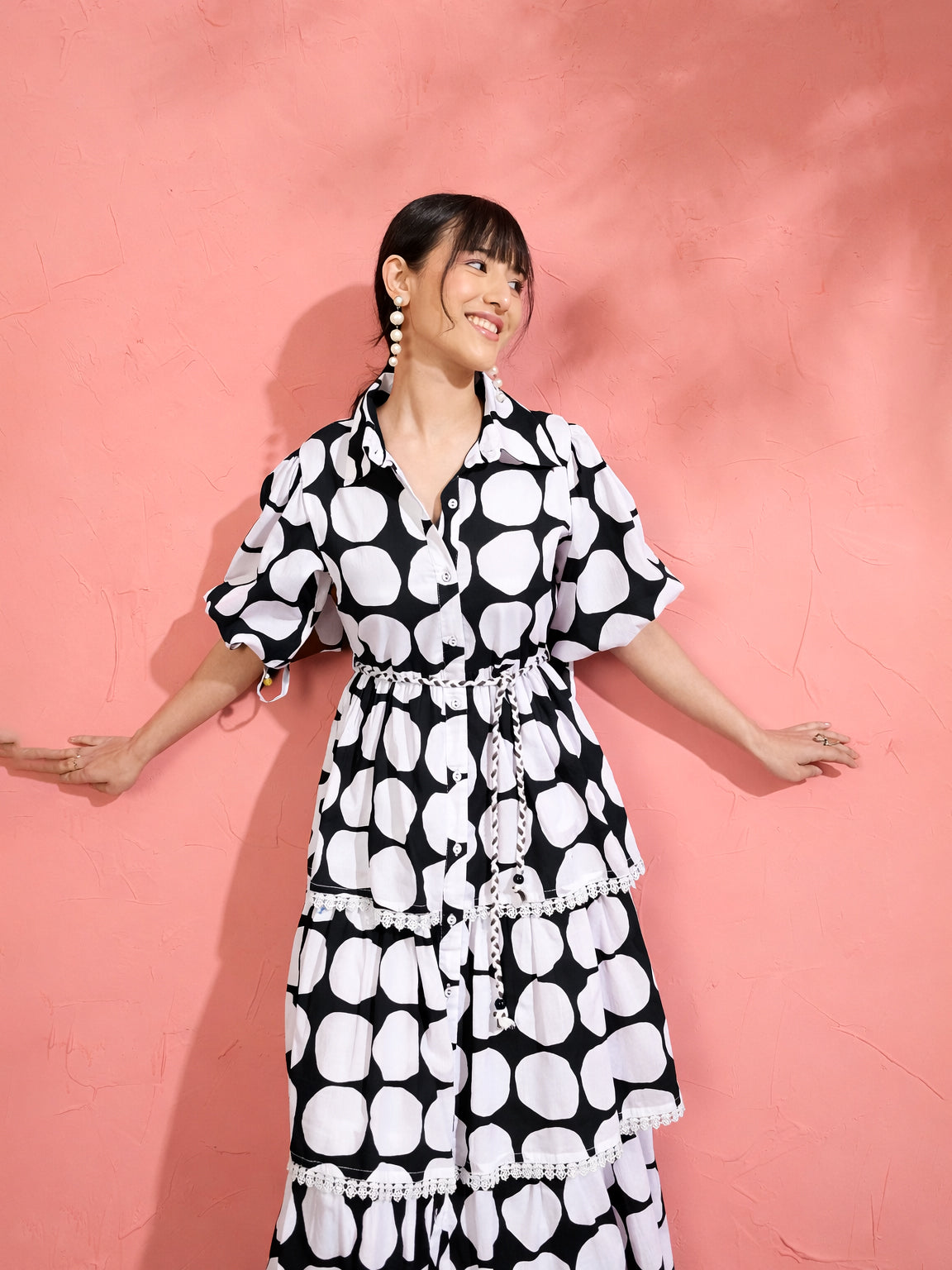 Women Black & White Polka Dot Frill Tiered Button Down Midi Dress
