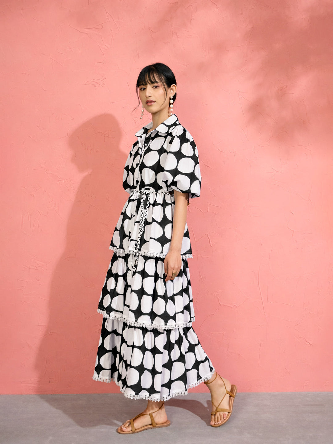 Women Black &amp; White Polka Dot Frill Tiered Button Down Midi Dress