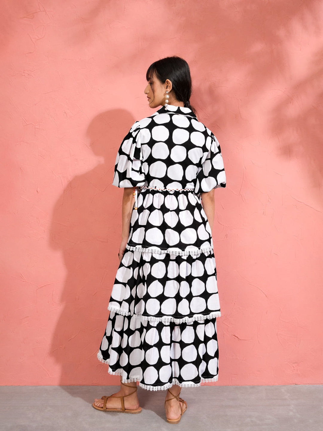 Women Black &amp; White Polka Dot Frill Tiered Button Down Midi Dress