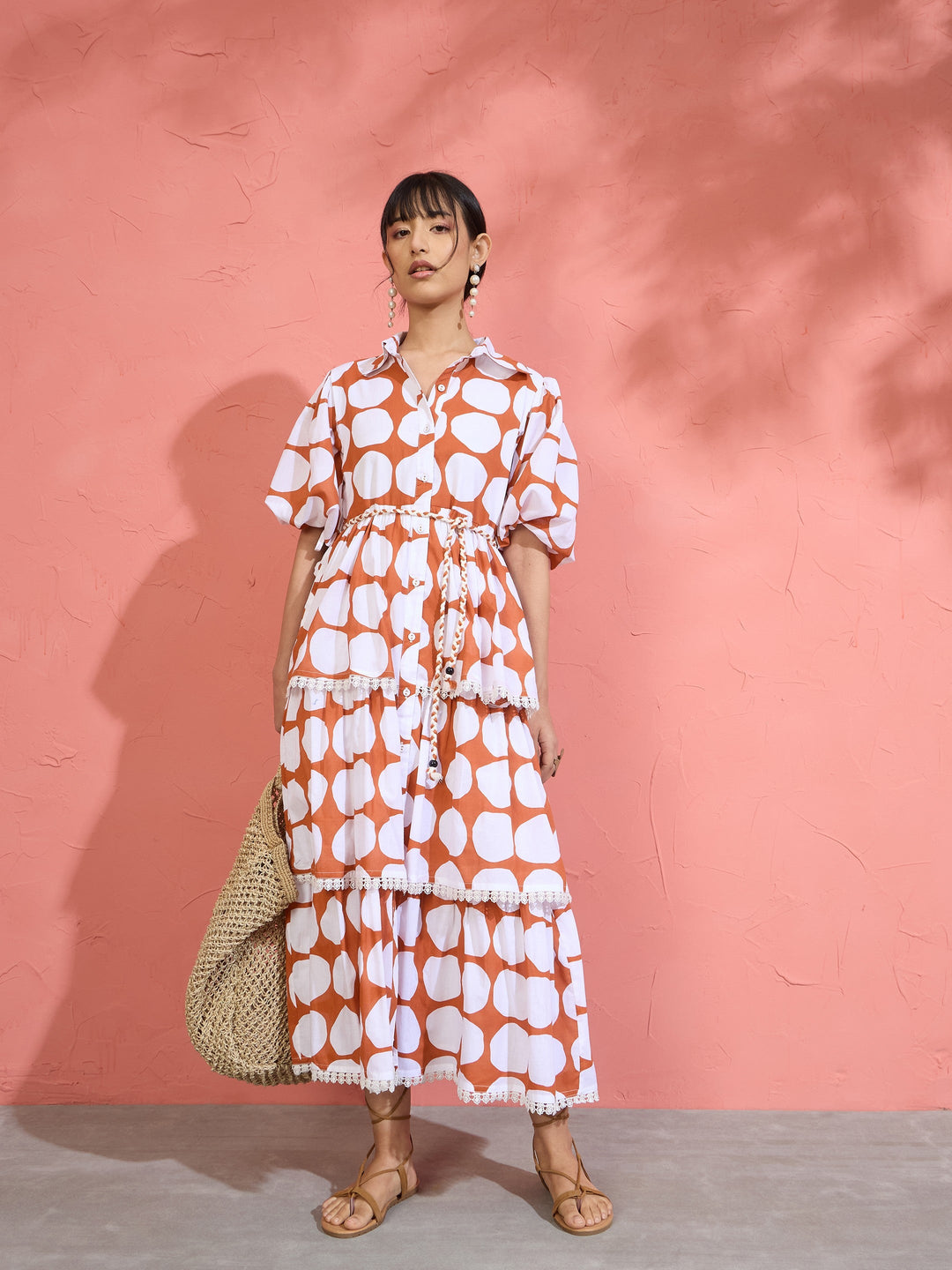 Women Brown &amp; White Polka Dot Frill Tiered Button Down Midi Dress