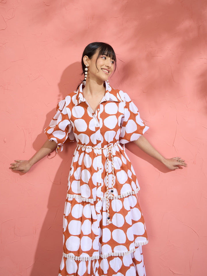Women Brown &amp; White Polka Dot Frill Tiered Button Down Midi Dress