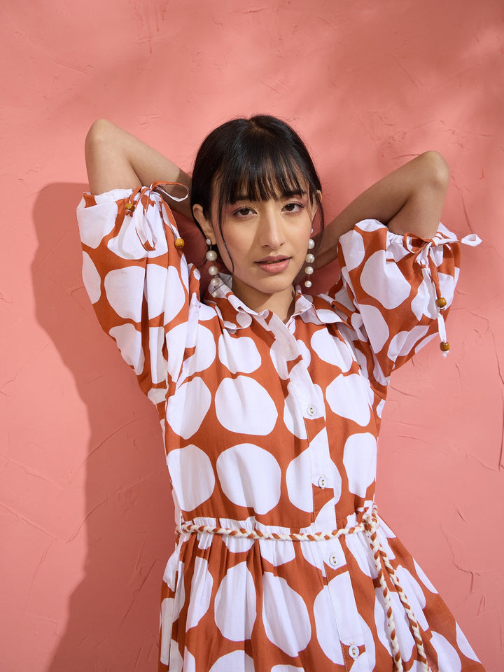 Women Brown &amp; White Polka Dot Frill Tiered Button Down Midi Dress